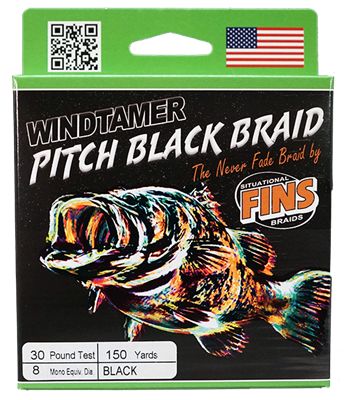 Плетёный шнур FINS Braid FINS Windtamer Pitch Black Braid 50lb Test, 150 yds