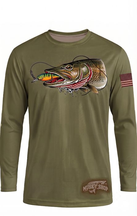 Рыболовная рубашка Musky Shop Green Musky Tough Long Sleeve Fishing T-Shirt