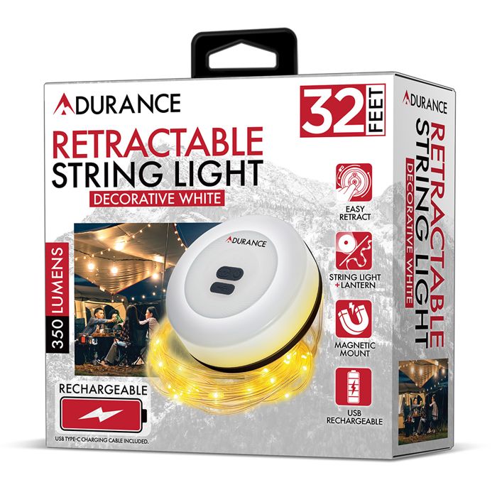 Фонарь Adurance 32' Retractable Rechargeable String Light, White