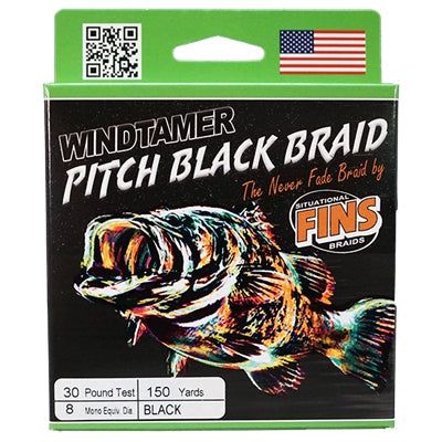 Плетёный шнур FINS Braid FINS Windtamer Pitch Black Braid 40lb Test, 150 yds